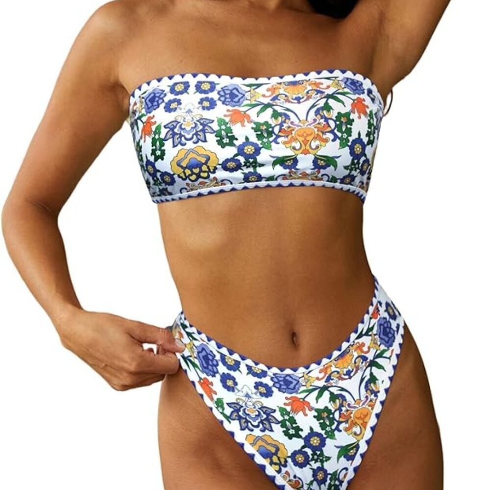 ZAFUL Women Strapless Textured Bandeau Bikini 2 Piece